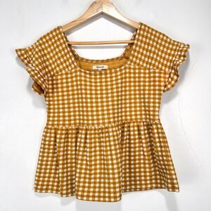 Madewell Crop Shirt Top Blouse Women XXS Gold White Check Scoop Poly Cotton